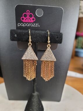 paparazzi Gold Crystal Triangle Tassel Earrings
